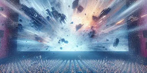 A lively 5D movie theater with excited audiences in motion-sensing chairs, experiencing thrilling visuals and effects.