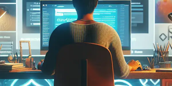 A person submits creative content at a cozy computer desk, emphasizing privacy and digital security in a warm atmosphere.
