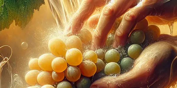 Close-up of hands washing glistening grapes under a stream of water in a warm, inviting kitchen setting.