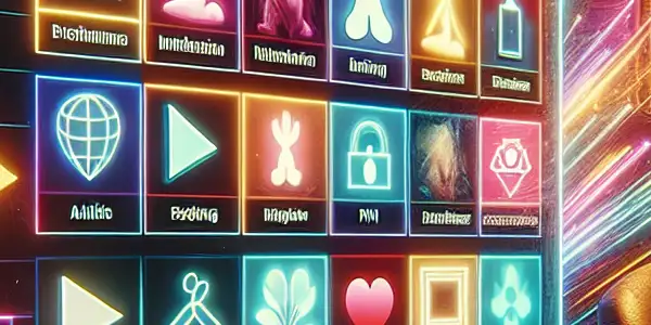 A sleek digital landscape featuring a futuristic web browser showcasing vibrant thumbnails of adult films in a cozy setting.