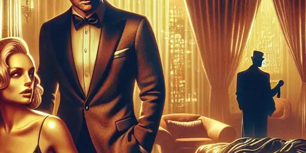 A handsome man and a beautiful woman share a tense moment in an elegant hotel room, hinting at desire and moral dilemmas.