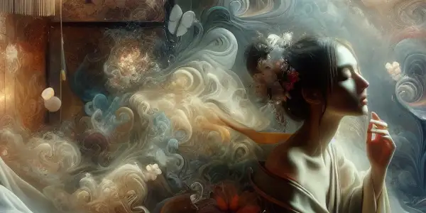 A dimly lit, surreal room with a charismatic figure, flowing patterns, and hints of Japanese aesthetics, evoking desire and intrigue.