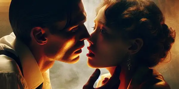 A passionate, intimate moment between two characters in a dimly lit 1940s Shanghai bedroom.