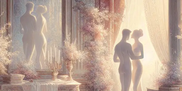 A serene and intimate setting featuring graceful figures, soft lighting, and elegant elements of nudity.