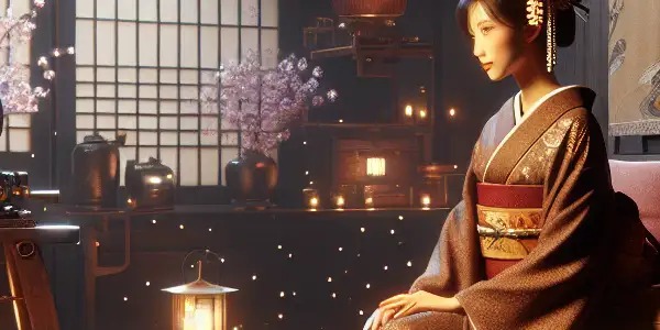 An elegant woman in a kimono surrounded by traditional Japanese decor and cinematic props in a dimly lit room.