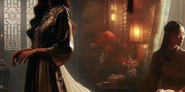 A dimly lit room featuring a woman in elegant fabrics, evoking passion and tension against a culturally rich backdrop.