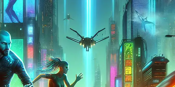 A thrilling chase between a cybernetic humanoid and a fierce alien in a neon-lit cyberpunk city.