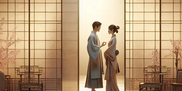 A passionate couple in an intimate, softly lit Japanese room adorned with cherry blossoms and film elements.
