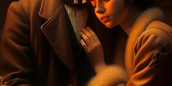 A cozy, intimate room featuring a tender moment between a soft-featured man and a warm-eyed woman.