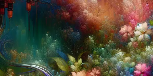 A vibrant spring garden in full bloom, featuring colorful flowers and hints of sensuality and Japanese aesthetics.