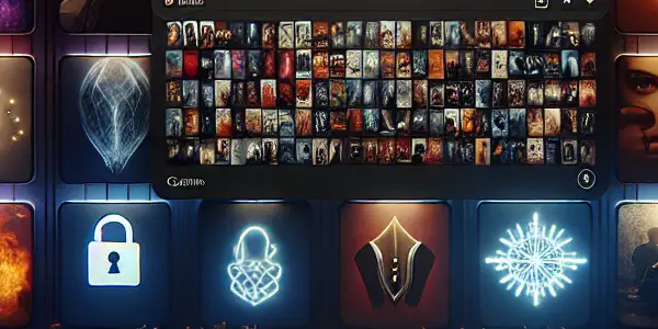 A modern digital interface displaying vibrant thumbnails of diverse adult films in a luxurious, inviting atmosphere.