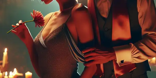 A passionate couple shares an intimate moment in a stylish, romantic setting with hints of BDSM decor.