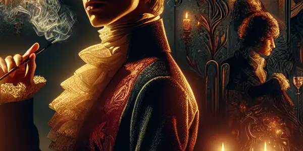 A sultry, candle-lit chamber featuring a charismatic character amidst tension, desire, and hints of mystery.