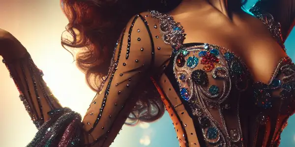 A captivating woman performs a seductive dance on a dimly lit stage, showcasing grace and allure.