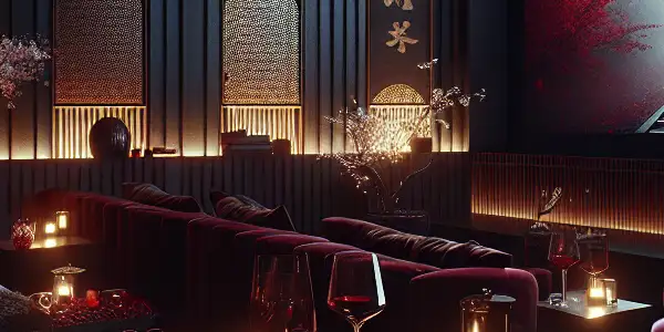 A luxurious home theater with plush seating, soft lighting, wine, and intimate decor for an elegant viewing experience.