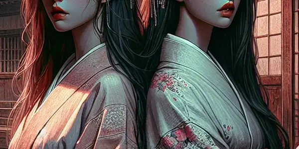 Two young women share a moment of intrigue amidst cherry blossoms and traditional Japanese architecture, symbolizing sisterly bonds.