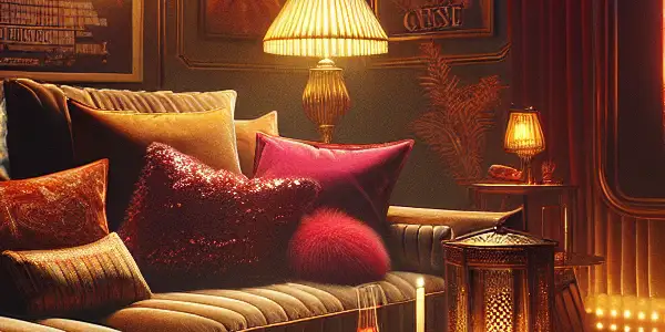 A cozy, dimly lit room featuring a plush sofa and a movie poster of a glamorous actress for an intimate film viewing.