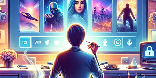 A cozy, modern room with a person viewing adult content on a high-resolution monitor, surrounded by technology and a warm atmosphere.