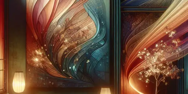 An intimate and artistic scene blending Japanese aesthetics with sensuality and abstract elements, reflecting erotic cinema.