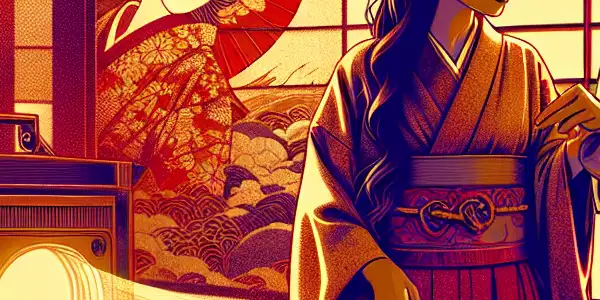 A romantic couple in a modern Japanese bedroom, surrounded by soft lighting and intimate decor.