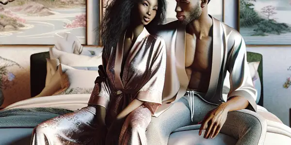 A romantic couple shares a tender moment in a cozy, modern Japanese bedroom with cherry blossoms visible outside.