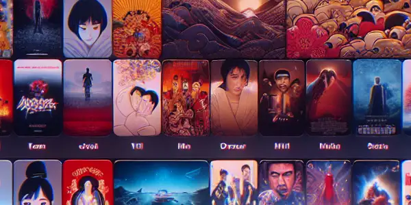 A sleek digital interface showcasing diverse Japanese AV film thumbnails with elements of exploration and cultural motifs.