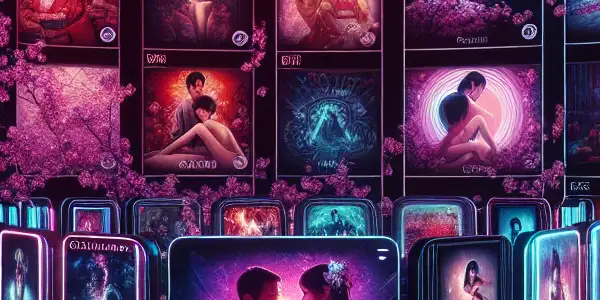 A modern adult entertainment platform featuring vibrant movie posters, sophisticated interface, and subtle Japanese motifs.