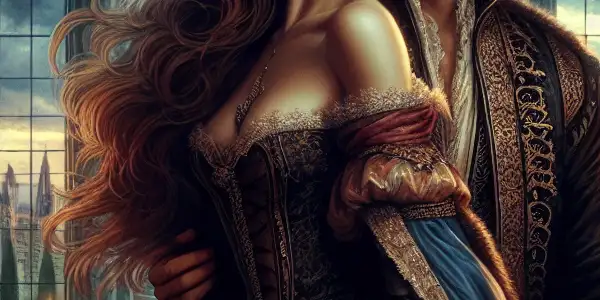 Two characters in a passionate embrace inside a lavish medieval castle, with a stormy sky visible through a grand window.