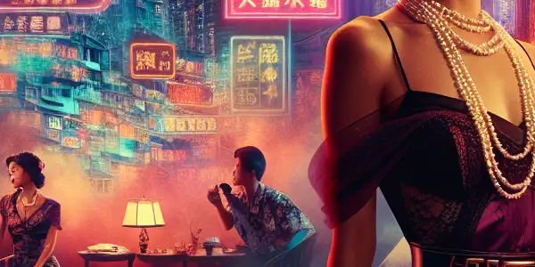 A glamorous Hong Kong actress in a sultry 1980s setting, surrounded by nostalgic cinematic elements.