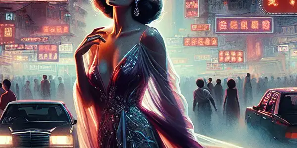 A glamorous scene of Maggie Lee in a sheer gown amidst vibrant neon lights in 1980s Hong Kong.