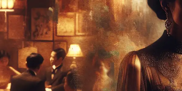 A sultry scene featuring a charismatic woman reminiscent of Li Lijuan in an intimate, atmospheric room.