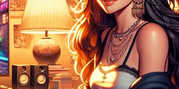 A lively anime-style girl gaming in a cozy, inviting Japanese bedroom filled with playful accessories and warm lighting.