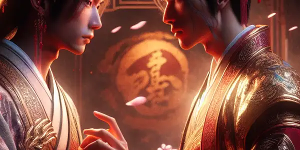 A passionate moment between two lovers in ornate ancient Chinese attire, surrounded by cherry blossoms and traditional architecture.