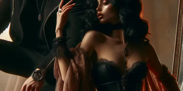 An intense moment of connection between two characters, highlighting themes of desire, dominance, and vulnerability in a dimly lit room.