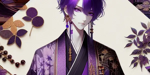 A stylish character with vibrant purple hair exudes mystery and allure in a luxurious, seductive setting.