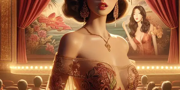 A glamorous film premiere featuring a stylish woman in an elegant gown amidst an engaged, diverse audience.