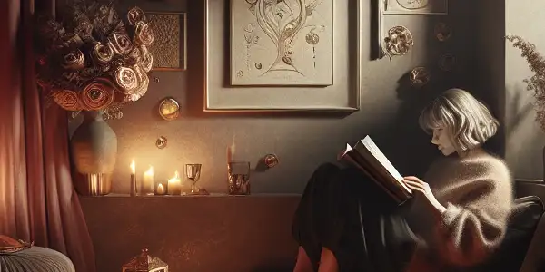 A cozy reading nook with a person immersed in a provocative novel, surrounded by soft lighting and sensual decor.